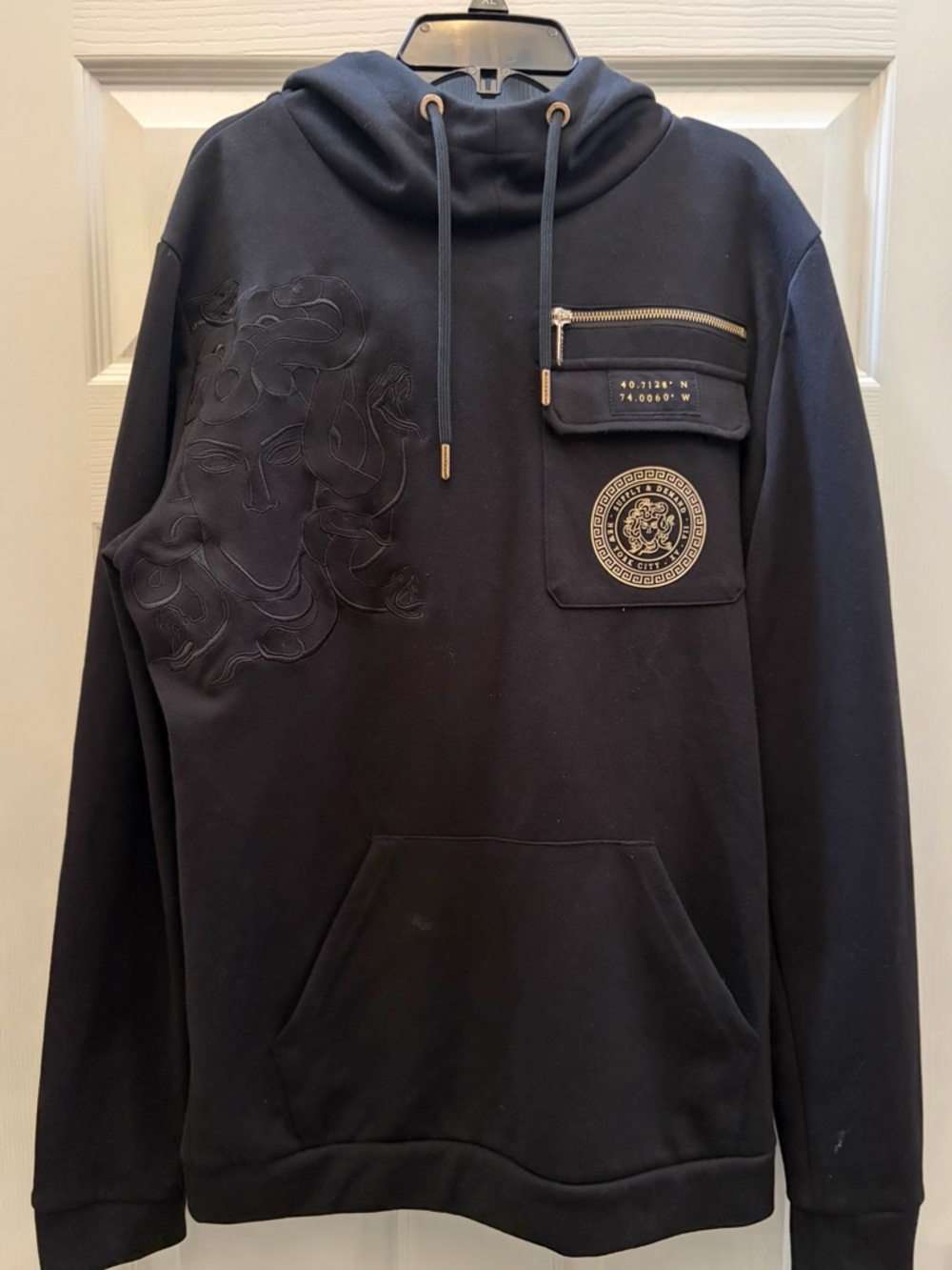 Supply and Demand Men's Black Hoodie Pullover with Embossed Graphic